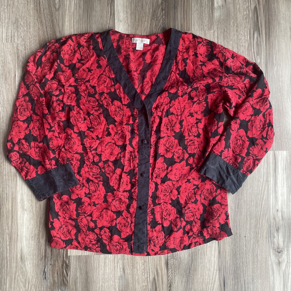 Vintage‎ Silk Shades Red Black Floral Rose Print 100% Silk Button Front Blouse M